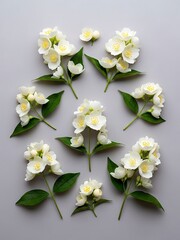 Delicate Jasmine Blossom Clusters on a Serene Gray Background Overhead View