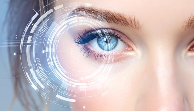A close-up view of a woman's eye with bright blue iris, enhanced with a futuristic digital interface overlay - Powered by Adobe