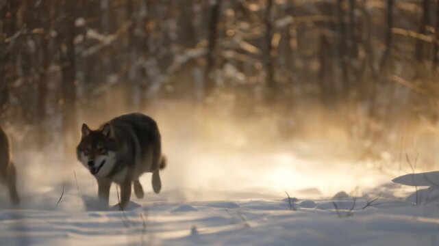 Three wolves stride across a snow-dusted forest as golden backlight creates a dramatic, eerier dawn