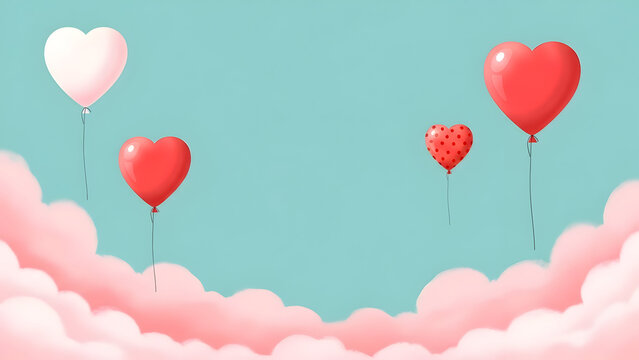 Heart shaped balloons float above soft pink clouds against a teal sky - Powered by Adobe