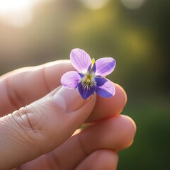 Delicate violet flower held gently between fingertips in soft golden light
