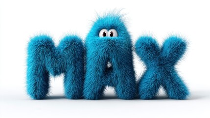 A playful, whimsical rendering spells out the name "MAX" using vibrant, furry blue letters against a clean, white background
