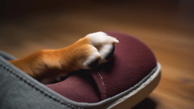 Close-Up of Dog's Paw in Human Shoe. Pet Couples Moments. A dog's small paw deliberately placed inside a person's large slipper or shoe symbolizing the dog trying to be near the owner.
