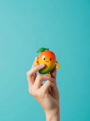 Hand Holding Cheerful Mango Figurine Against a Vibrant Turquoise Backdrop