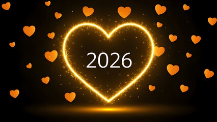 A glowing golden heart surrounds the year 2026 with many smaller orange hearts scattered around a dark background representing love and new beginnings