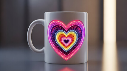 A white mug adorned with a vibrant neon heart design featuring concentric hearts and intricate swirls in a spectrum of colors including pink purple blue yellow and orange