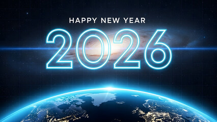 Happy new year 2026 glowing futuristic numbers over planet Earth and galaxy