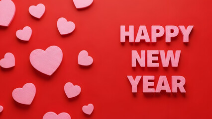 Happy New Year celebration with pink hearts scattered on red background
