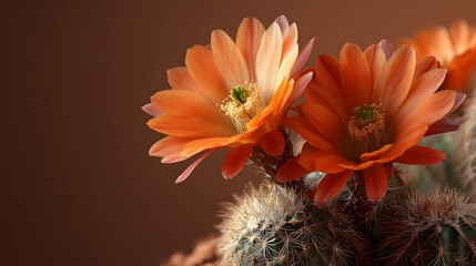 Close up of two vibrant orange cactus flowers blooming on a fuzzy cactus plant.