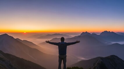 Man with arms outstretched embracing a breathtaking mountain sunrise, symbolizing freedom and achievement.