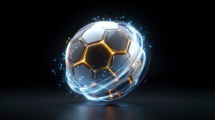 A modern, illuminated football sphere, with hexagonal design, swirling energy, and dynamic visuals. Rendered in a dark setting