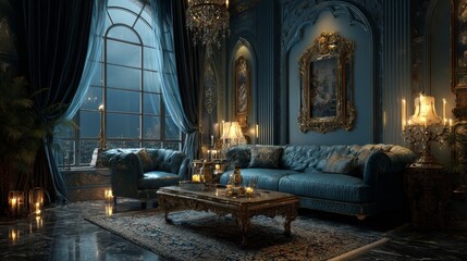 Modern living room in calming blue tones during evening, stylish interior with cozy furniture, soft lighting and elegant decor creating relaxing atmosphere for home or lounge