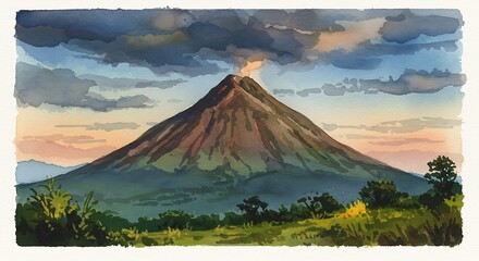Fototapeta premium Watercolor view of a volcanic mountain at dawn, with lush green foreground and cloudy sky