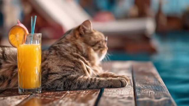Relaxed tabby cat naps on a weathered poolside plank beside a glass of orange juice, bright daylight
