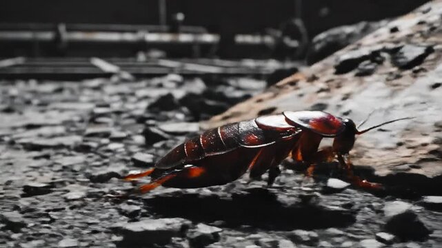 A lone cockroach scurries across a gritty, textured surface in a close-up urban scene