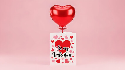 Red heart balloon floats above a Valentines Day card with hearts and the message be my Valentine