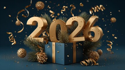 A festive New Year's composition showcasing gold "2026" emerging from a blue gift box, with confetti and ornaments