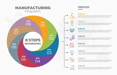 Visual data presentation. Cycle diagram with 8 options. Pie Chart Circle infographic template with 8 steps, options, parts, segments. Business concept. Editable pie chart with sectors.
