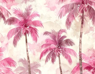 Fototapeta premium Watercolor-style illustration of pink palm trees against a backdrop of soft pastel hues and texture