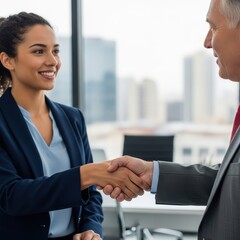 Professional business handshake in office setting with city skyline.