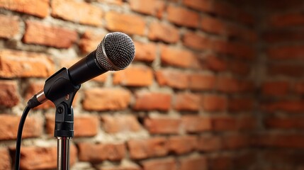 Close-up of a vintage microphone on a stand against a brick wall.