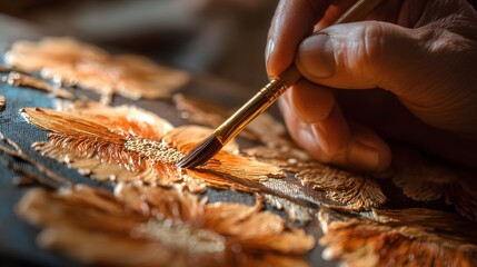Close-up of Artists Hand Painting Intricate Details on a Textured Surface.