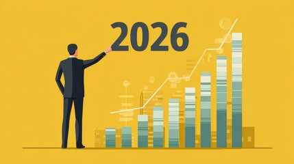 A business professional points to the year 2026, visualizing a growing financial graph representing economic progress and development