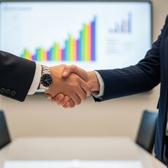 Professional handshake during business meeting with colorful chart in background.