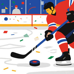 Obraz premium Illustration Of A Professional Player Shooting A Hockey Puck With A Hockey Stick Vector Design Template
