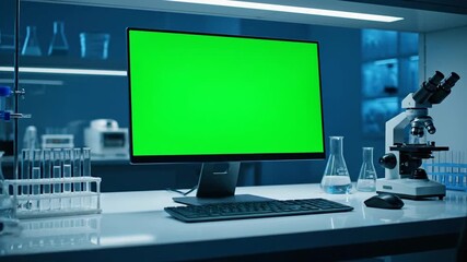 A close-up shot features a bright green screen monitor surrounded by scientific equipment, including a microscope and test tubes, creating a serious, cool blue atmosphere in a dark research