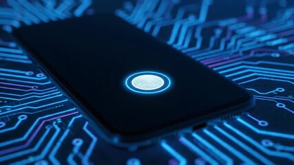 A conceptual 3d rendering shows a smartphone scanning a biometric fingerprint via a glowing circular icon, highlighted by futuristic blue light on a digital circuit board background. - Powered by Adobe