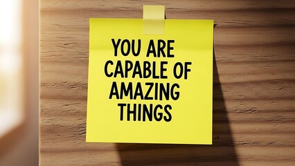 Bright yellow sticky note with inspiring "You are capable of amazing things" message on wooden background