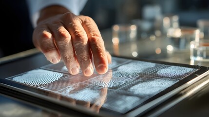 Hand Examining Fingerprints on Digital Screen in Modern Laboratory