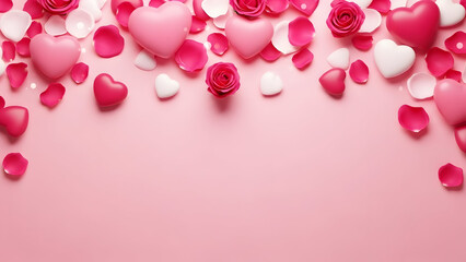 A delightful arrangement of pink and white hearts interspersed with vibrant rose petals creates a charming backdrop perfect for expressing love and affection