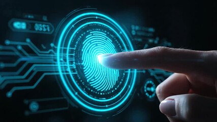 A human finger is scanning a glowing blue biometric fingerprint identification system on a futuristic dark background, emphasizing digital security. - Powered by Adobe