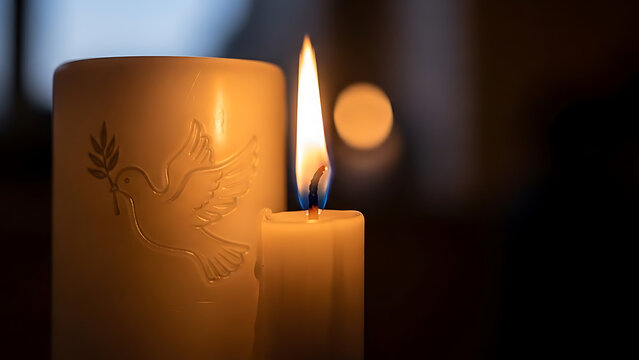 Burning white candle with embossed dove holding olive branch symbolises peace hope and remembrance art - Powered by Adobe