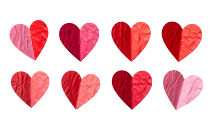 Eight textured paper hearts in shades of pink and red arranged in two rows on a black background, each heart divided into two distinct colors.