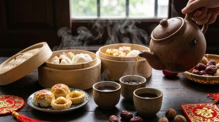 Fototapeta premium Traditional Chinese Tea Ceremony and Dim Sum Feast for Lunar New Year