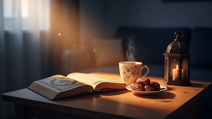 Cozy evening with a warm drink, dates, and an open book by lantern light