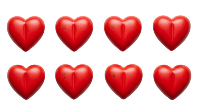 Eight red heart shapes arranged in two rows on a black background - Powered by Adobe