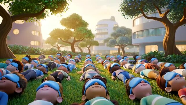A serene World Sleep Day scene: numerous animated children in blue sleep masks peacefully resting on lush green grass, surrounded by modern utopian architecture and sunlit trees.