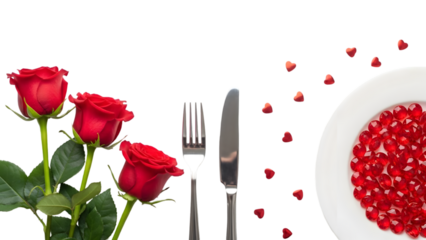 A romantic dinner setting with red roses a fork and knife and a plate filled with sparkling red heart-shaped gems