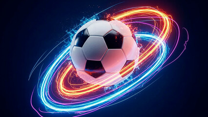 Soccer ball spinning with abstract glowing neon light trails