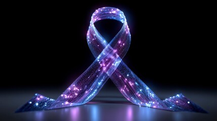 A luminous, ribbon-like structure glows with intricate details, showcasing vibrant pink and blue hues against a dark backdrop