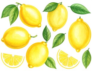 Watercolor illustration of several ripe lemons with green leaves and sliced fruit against white backdrop