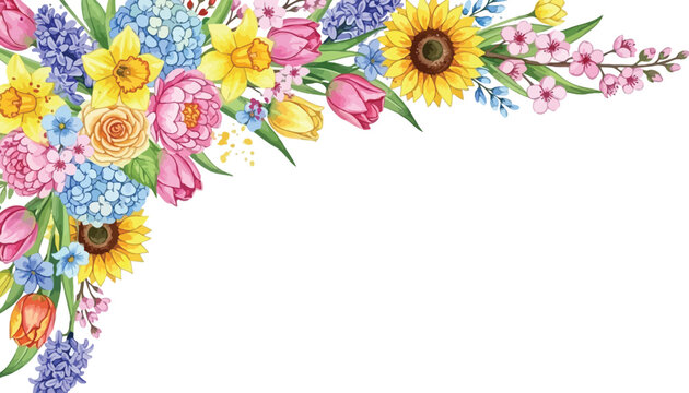Exquisite watercolor floral corner border illustration featuring a vibrant collection of spring and summer blooms, perfect for invitations, greeting cards, and decorative designs. - Powered by Adobe
