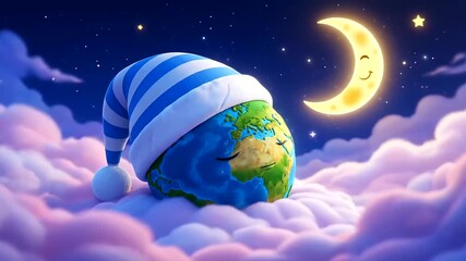 Celebrating World Sleep Day: Cute Cartoon Earth Rests on Dreamy Clouds with Smiling Moon and Stars, Global Sleep Awareness Concept