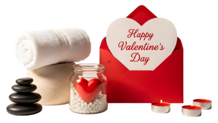 A Valentine's Day spa arrangement with a rolled towel smooth stones a jar holding a red heart and small candles beside a red envelope with a heart shaped card
