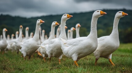 A flock of white geese, walking on grass in an open field under an overcast, cloudy sky, with trees in the distance