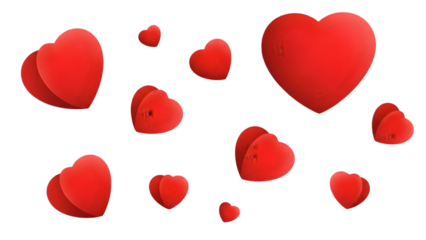 Numerous red hearts in various sizes float across a black background creating a romantic and celebratory atmosphere